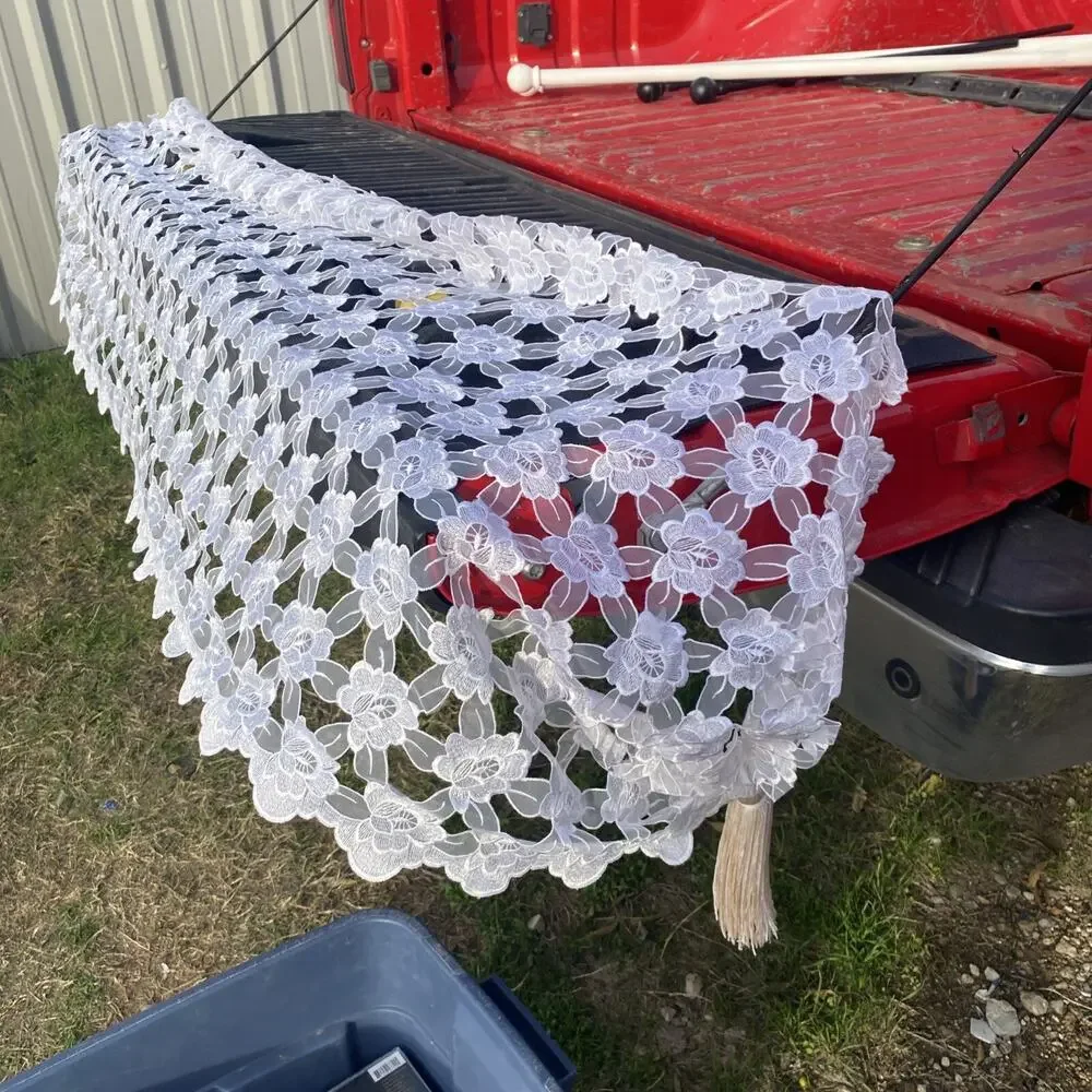 Elegant White Floral Lace Table Runner With Beige Tassels On Either End 80”x24”